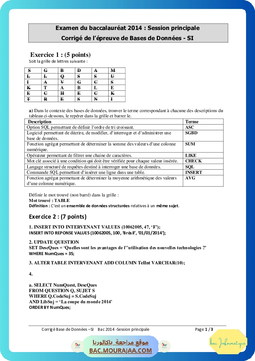 Corrigé principale bd Bac 2014 – Section info
